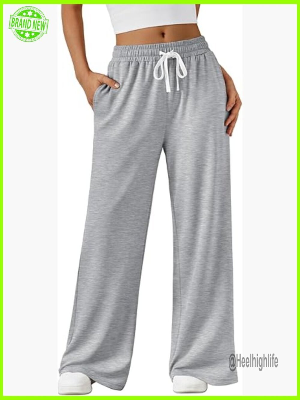 Wide Leg Sweatpants with Pockets, Mid Rise, Lightweight Polyester Blend